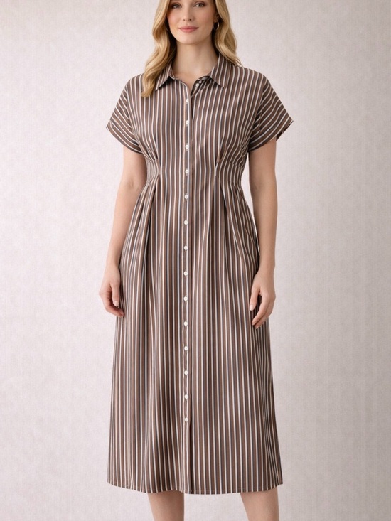 unbranded Dresses & Skirts - Striped Cotton Shirt Dress Brown Blue White Button Front Size S(A527)